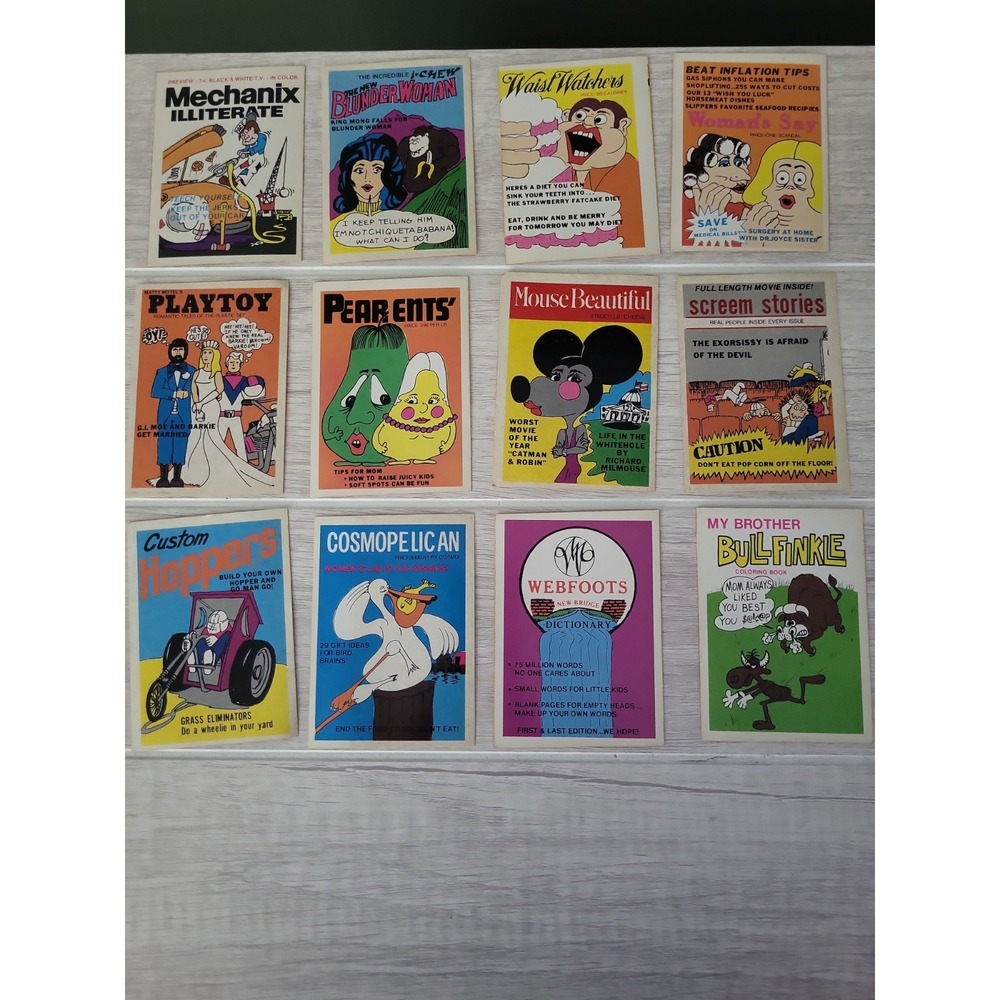 Lot Of 12 collection vintage 1973–1974 Fleer "Crazy Covers" sticker cards 1970's